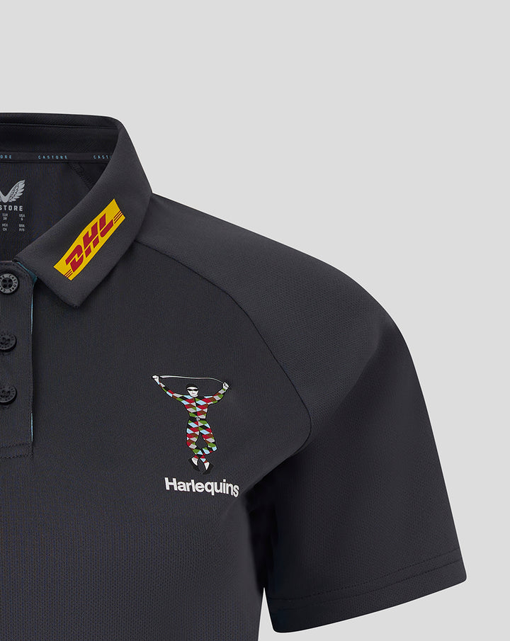 Harlequins ebony polo featuring a DHL yellow collar tag and colorful Harlequins crest on the chest.