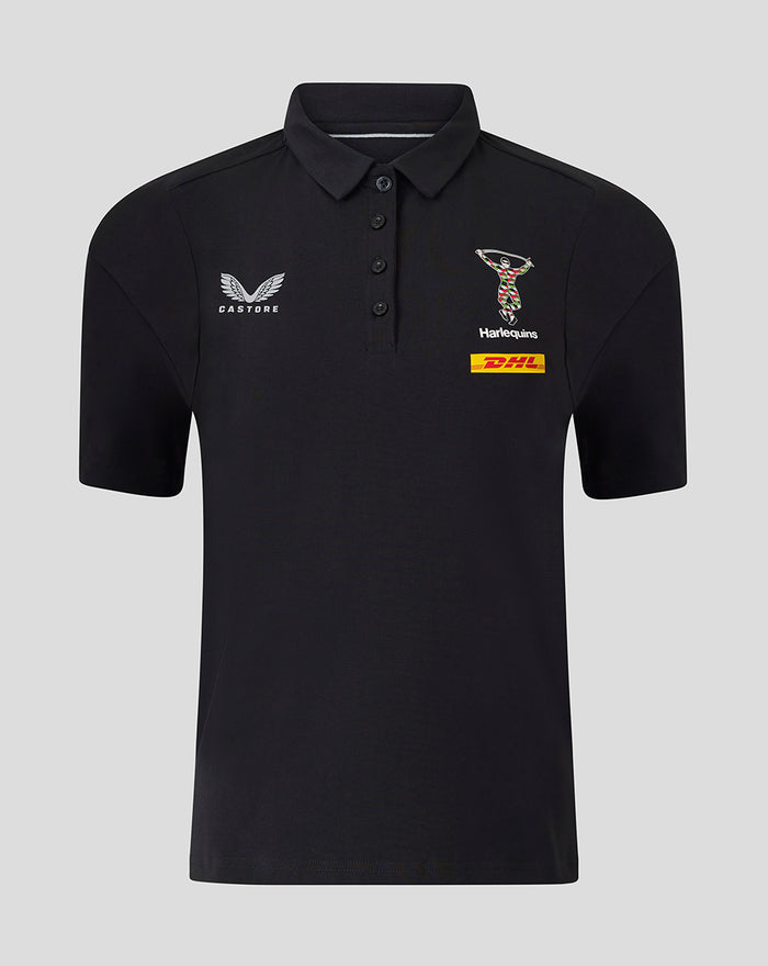 Front view of a black Harlequins travel SS polo shirt with Castore logo on the left chest and Harlequins crest with DHL sponsor on the right.