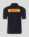 Back view of black Harlequins travel polo featuring a large DHL logo across the upper back