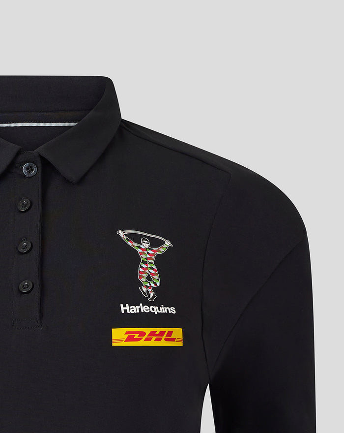 Front view of black Harlequins travel polo with crest and DHL sponsor on the left chest