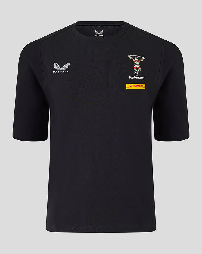 Front view of black Harlequins travel tee featuring a club crest on the chest and sponsor logos.