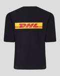 Back view of a black Harlequins travel tee with a bold yellow DHL logo across the back.