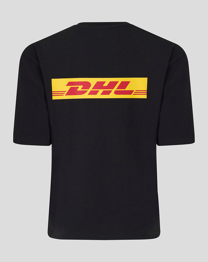 Back view of a black Harlequins travel tee with a bold yellow DHL logo across the back.