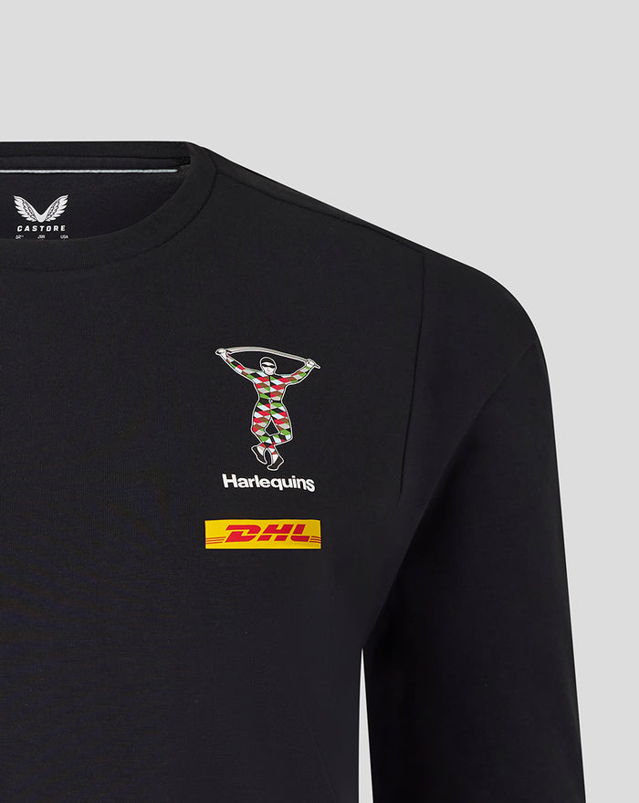 Close up of a black Harlequins travel tee showing the Harlequins crest and DHL sponsor on the chest.