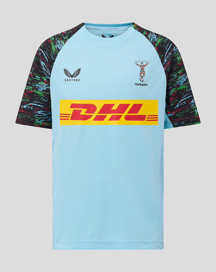 Junior sky blue training short sleeve tee with Harlequins crest Castore logo and DHL across chest.