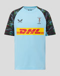 Junior sky blue training short sleeve tee with Harlequins crest Castore logo and DHL across chest.