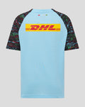 Back view of light blue training jersey with black patterned sleeves and a bright DHL logo across the back