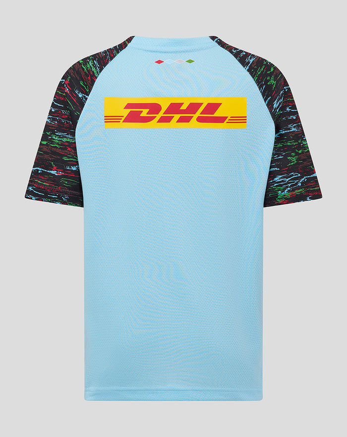Back view of light blue training jersey with black patterned sleeves and a bright DHL logo across the back