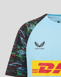 Close-up of junior Harlequins training tee in sky blue with vibrant patterned sleeves and Harlequins crest