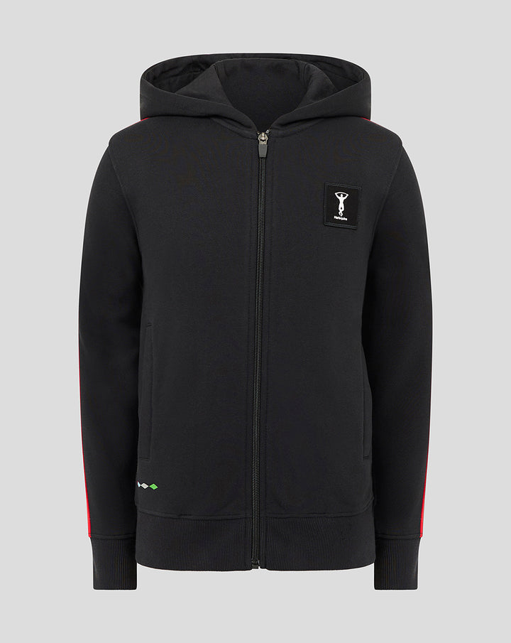 Front view of black youth full zip hoodie with neon green shoulder piping and chest logo patch.