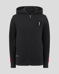 Front view of black youth full zip hoodie with neon green shoulder piping and chest logo patch.