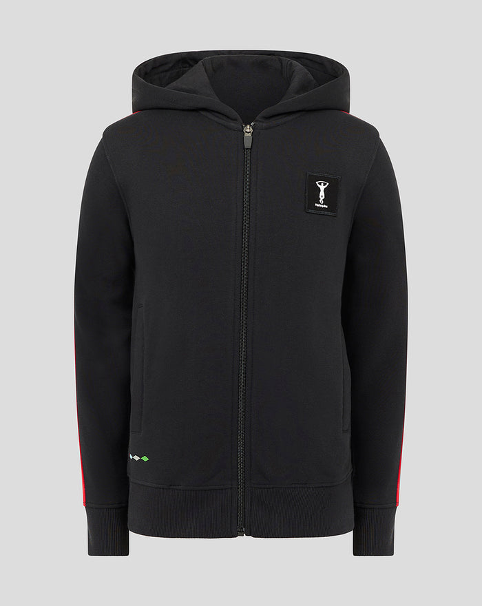 Front view of black youth full zip hoodie with neon green shoulder piping and chest logo patch.
