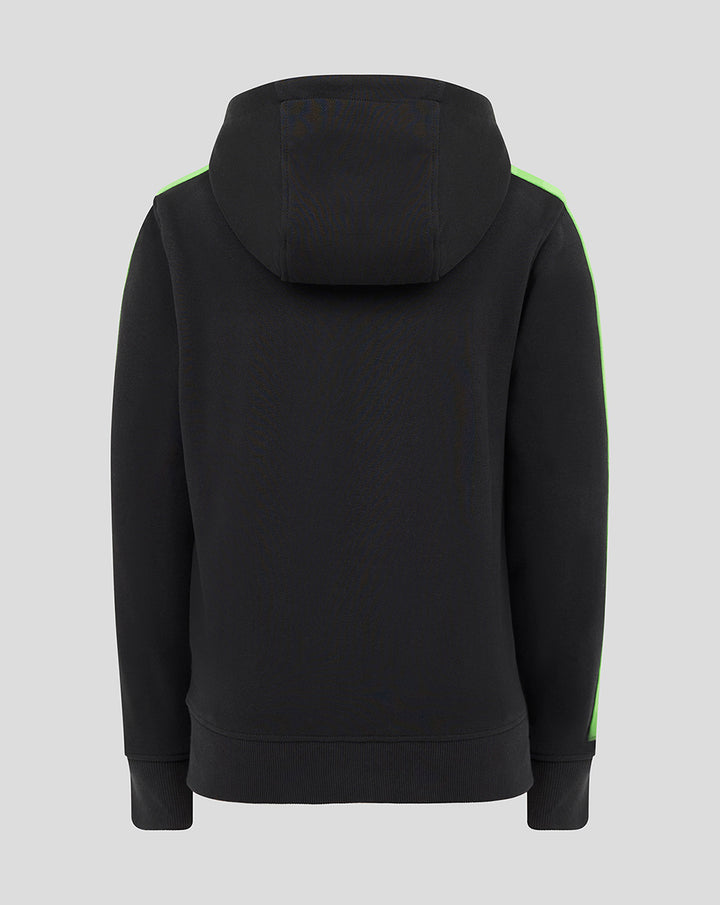 Back view of black youth hoodie with neon green shoulder piping and hood.
