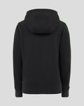 Back view of black youth hoodie with neon green shoulder piping and hood.