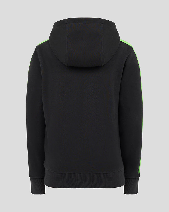 Back view of black youth hoodie with neon green shoulder piping and hood.