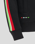Youth black hoodie with a bold multicolor stripe down the sleeve and small colored diamond accents near the hem