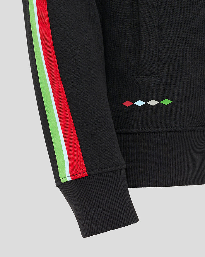 Youth black hoodie with a bold multicolor stripe down the sleeve and small colored diamond accents near the hem