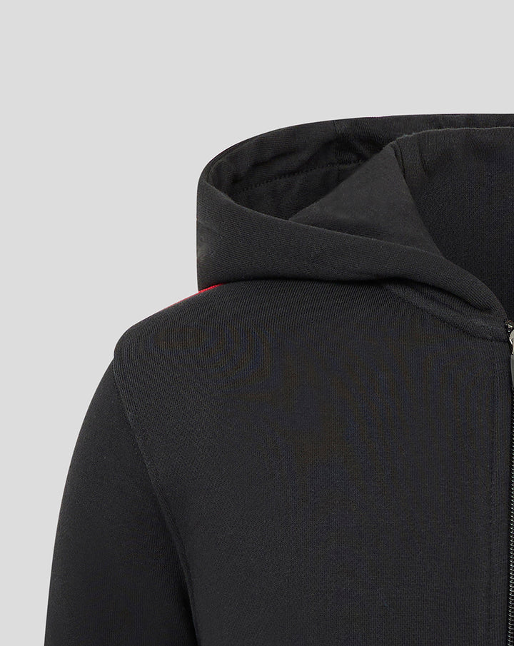 Close-up of the hood and shoulder area of a black youth hoodie with visible zipper and soft knit fabric
