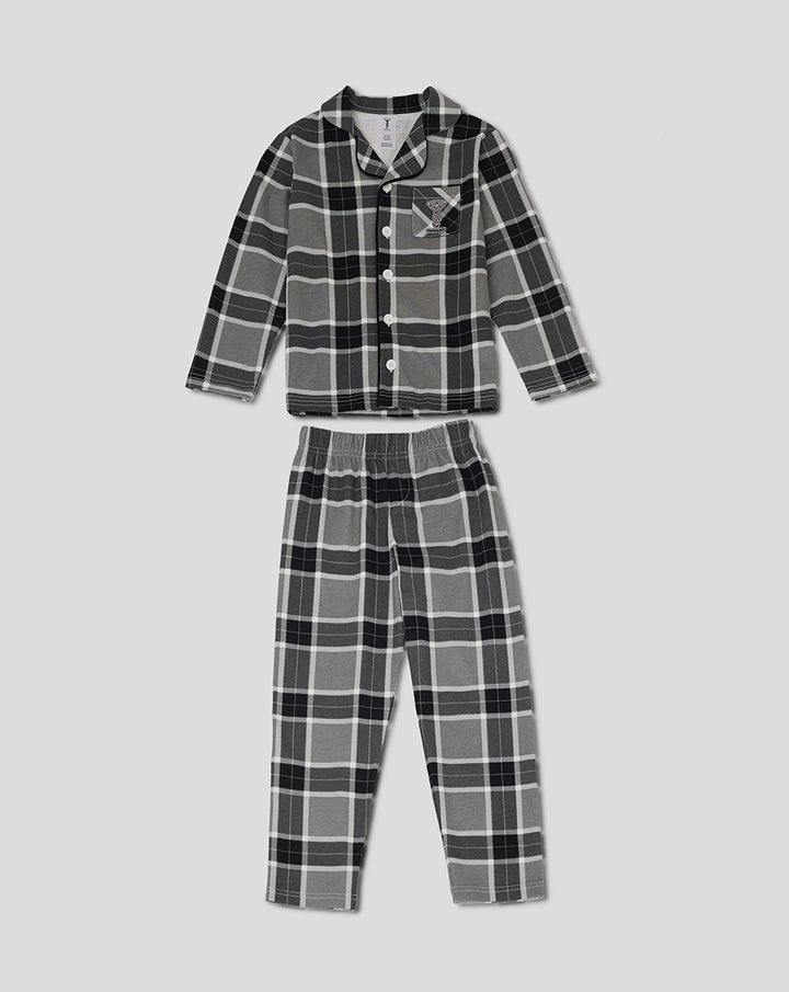 Youth gray plaid long pajama set with a button front top and matching elastic waist pants