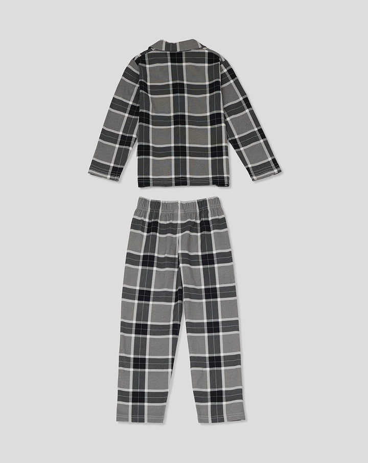 Back view of youth plaid long pajama set with gray tones and matching pants