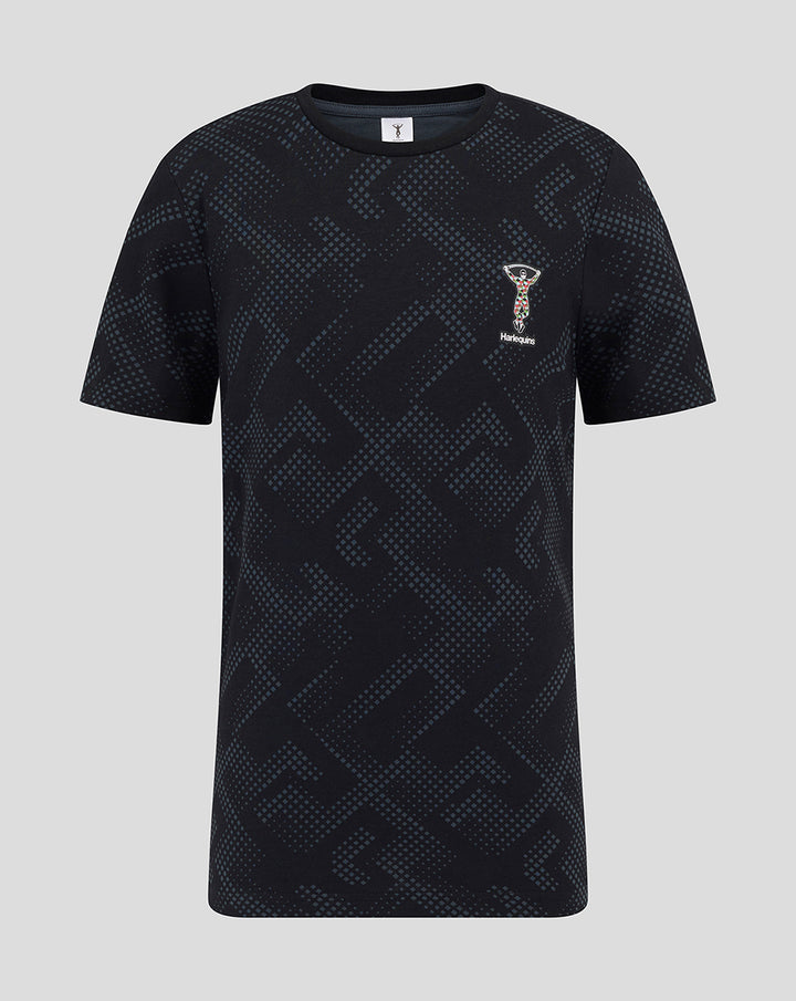 Youth black short sleeve PJ top with blue geometric pattern and Harlequins crest on the chest