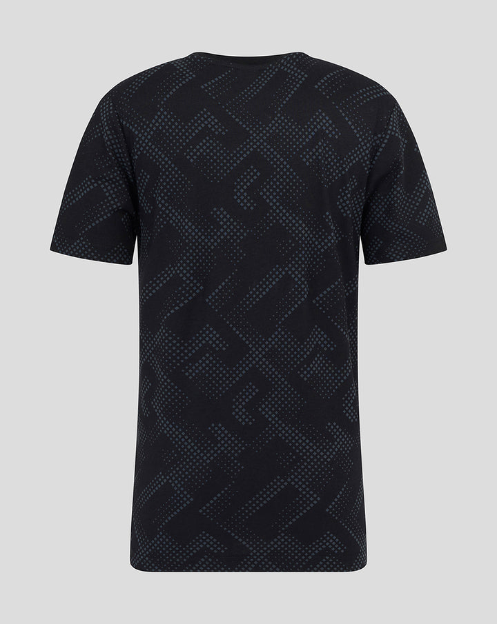 Back view of the navy short sleeve PJ top with allover geometric dot pattern.