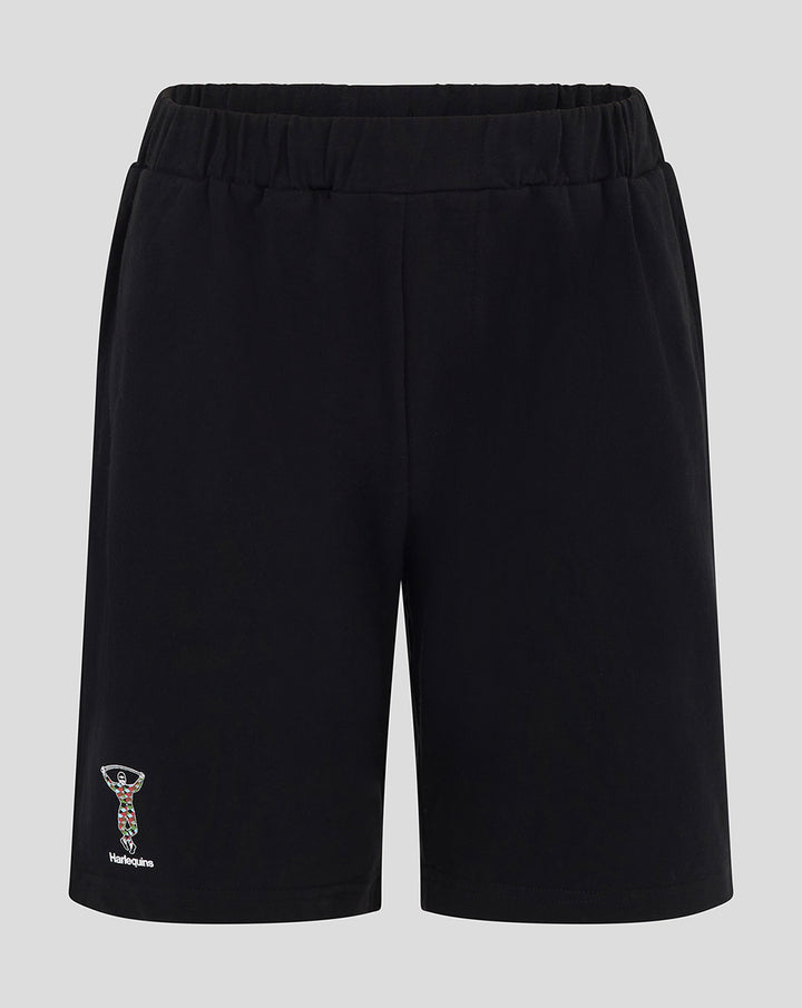 Youth black shorts with elastic waistband and Harlequins crest on the left leg