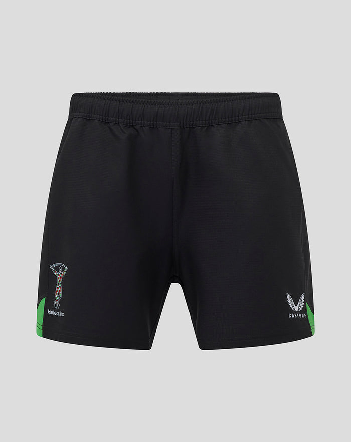 Front view of black men's home pro shorts with Harlequins logos on each leg and green trim at the hem