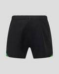 Back view of black Harlequins home shorts with green hem accents.