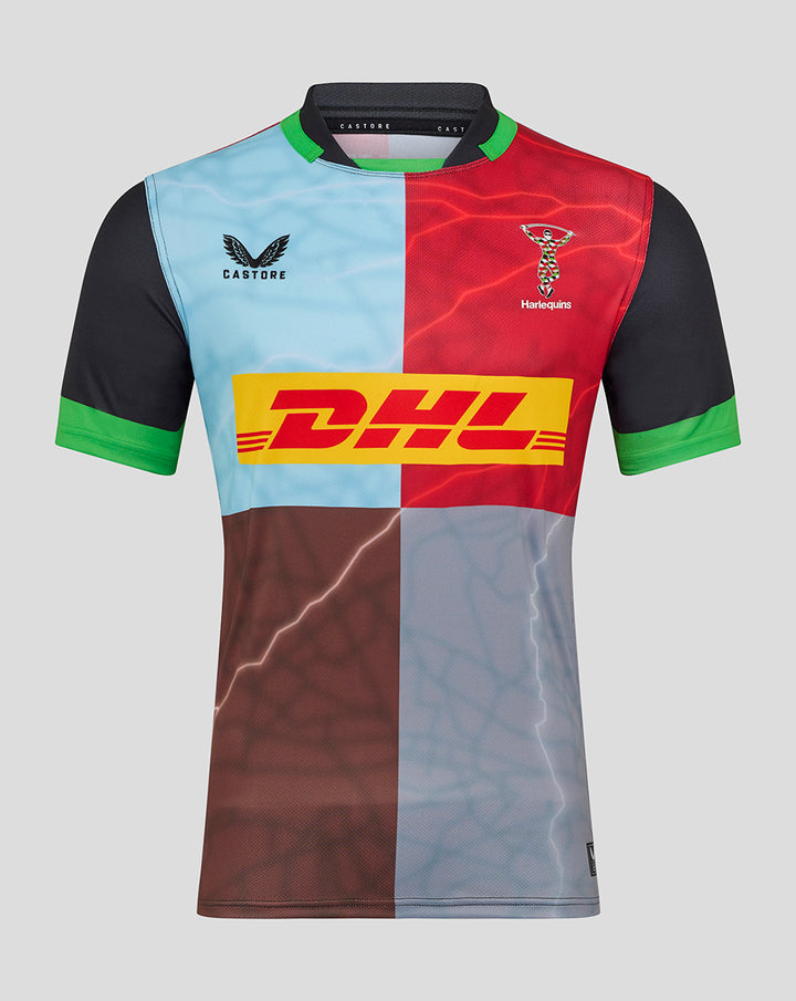 Harlequins Men's Home Replica Shirt with bold patchwork color blocks, DHL logo across the chest and club crest
