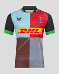 Harlequins Men's Home Replica Shirt with bold patchwork color blocks, DHL logo across the chest and club crest