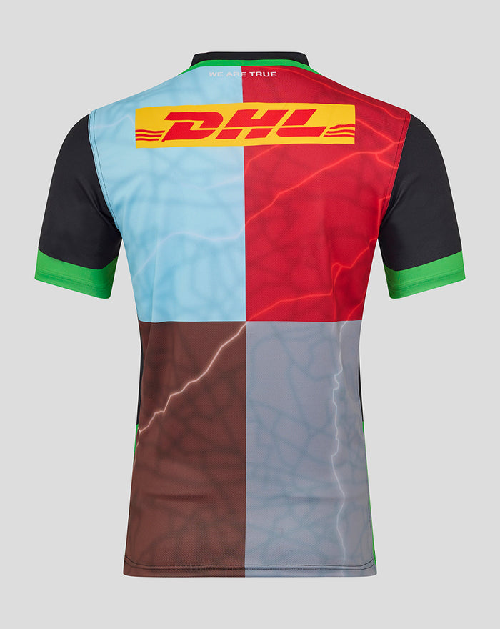 Harlequins men's home replica rugby shirt back view with bold colorblock panels and a DHL sponsor across the upper back