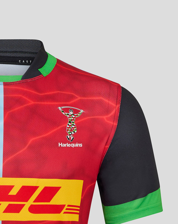 Harlequins home replica shirt shoulder area showing red panel crest on chest and green collar trim