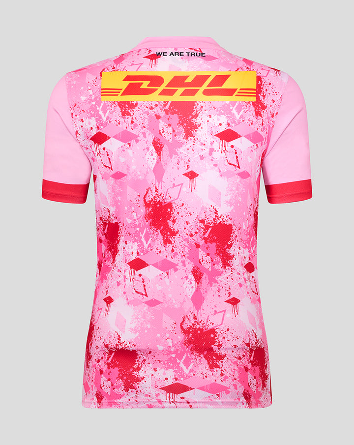 Back view of pink Harlequins away replica rugby shirt with bold DHL logo across the upper back.