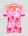 Back view of pink Harlequins away replica rugby shirt with bold DHL logo across the upper back.