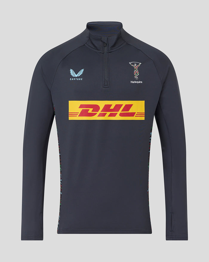 Front view of navy Harlequins training top with DHL logo across the chest, Castore logo left, Harlequins crest right.