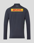 Back view of navy Harlequins training top with a bright yellow DHL logo across the upper back and a small diamond pattern above the collar.