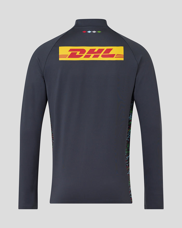 Back view of navy Harlequins training top with a bright yellow DHL logo across the upper back and a small diamond pattern above the collar.