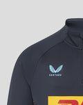 Close-up of navy shoulder with light blue Castore logo.
