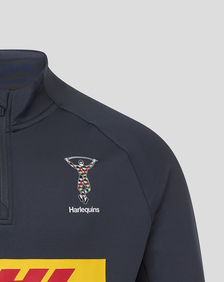 Close-up of navy midlayer chest showing Harlequins crest and Castore logo near a stand collar.
