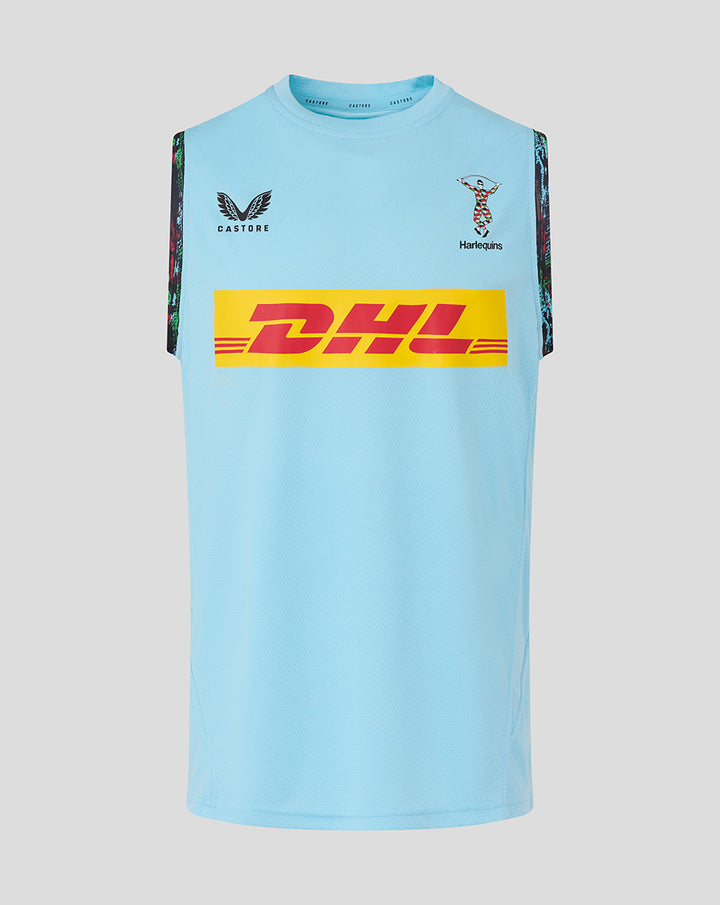 Sky blue men's training vest with DHL across the chest Castore logo and Harlequins crest and dark patterned side panels