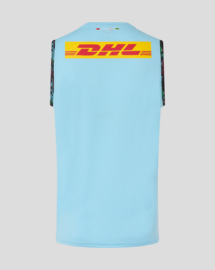 Back of sky blue training vest with large yellow DHL sponsor logo across the upper back