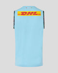 Back of sky blue training vest with large yellow DHL sponsor logo across the upper back
