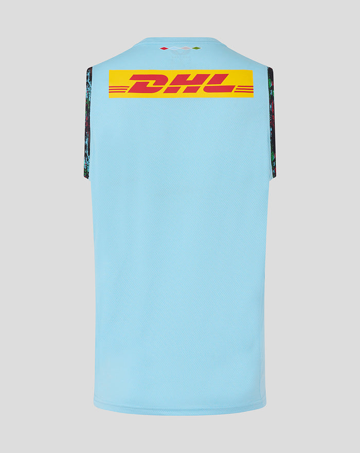 Back of sky blue training vest with large yellow DHL sponsor logo across the upper back