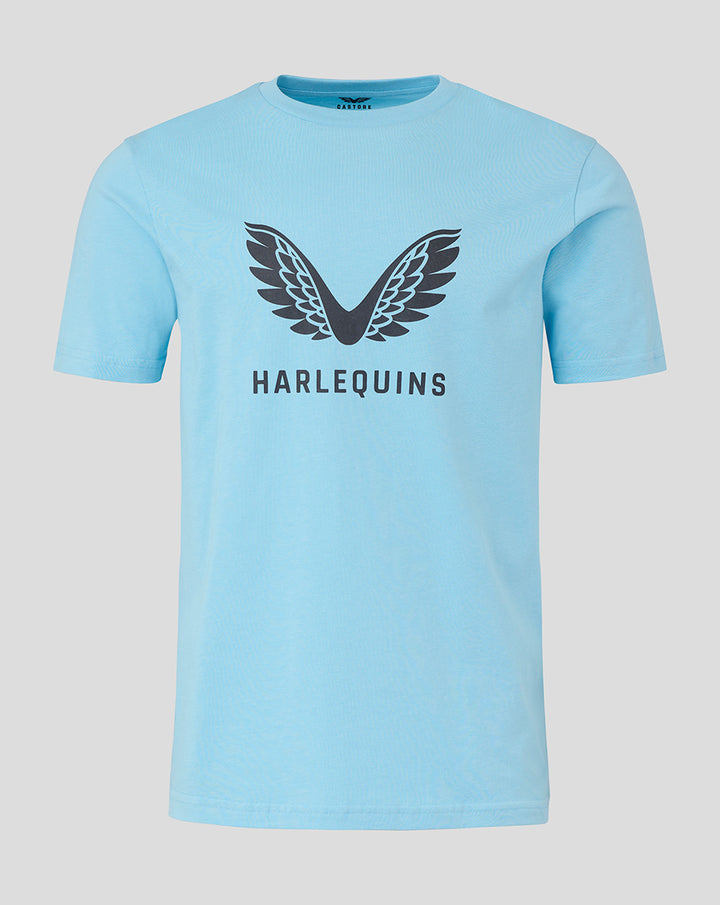 Front view of sky blue Harlequins logo tee with wing emblem and HARLEQUINS text
