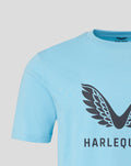 Close-up of chest showing the Harlequins wing logo on a sky blue tee