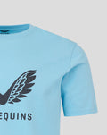 Detail of the Harlequins wing logo on the front of the sky blue T-shirt