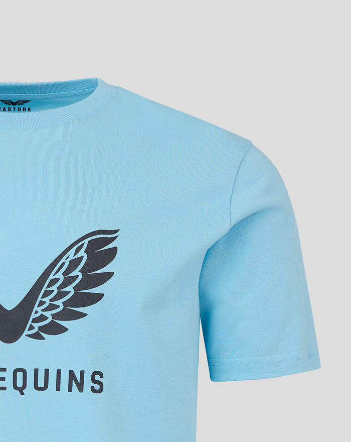 Detail of the Harlequins wing logo on the front of the sky blue T-shirt