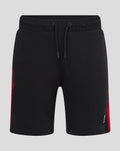 Black men's shorts with a drawstring waist and red side stripe.