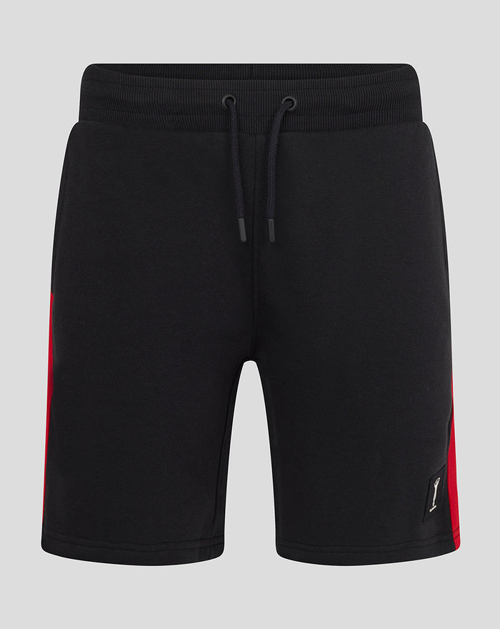 Black men's shorts with a drawstring waist and red side stripe.